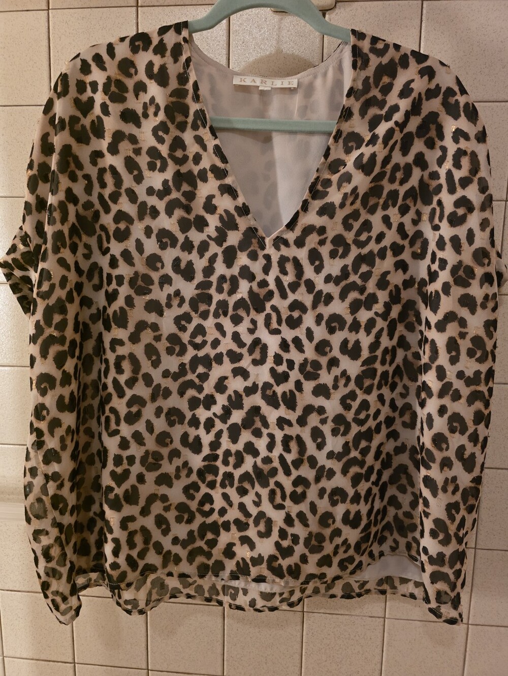 Karlie Leopard Print V-Neck Blouse in Black and Creamy White